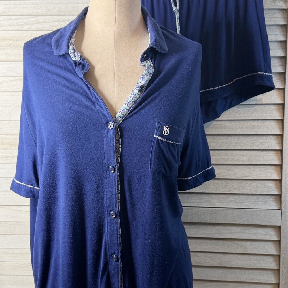 Victoria’s Secret Navy Button-Up Pajama Set Size L Soft Cozy Sleepwear Lounge - Picture 4 of 10